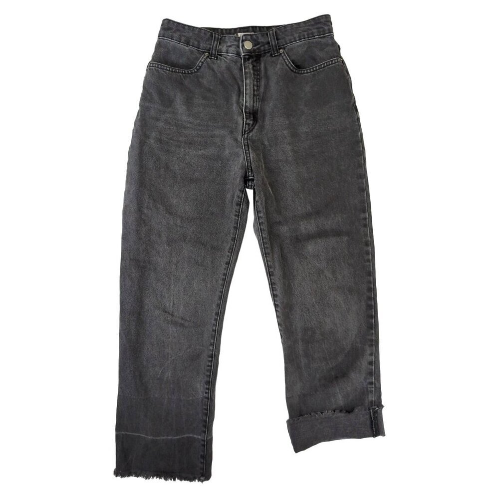 Roxy‎ Straight Leg Mom Jeans Womens 27 Black Wash Raw Hem Zip Fly